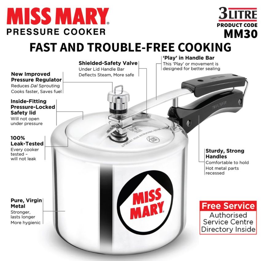 Hawkins Aluminium 3 Litre Miss Mary Pressure Cooker, Inner Lid Cooker, Silver (Mm30)