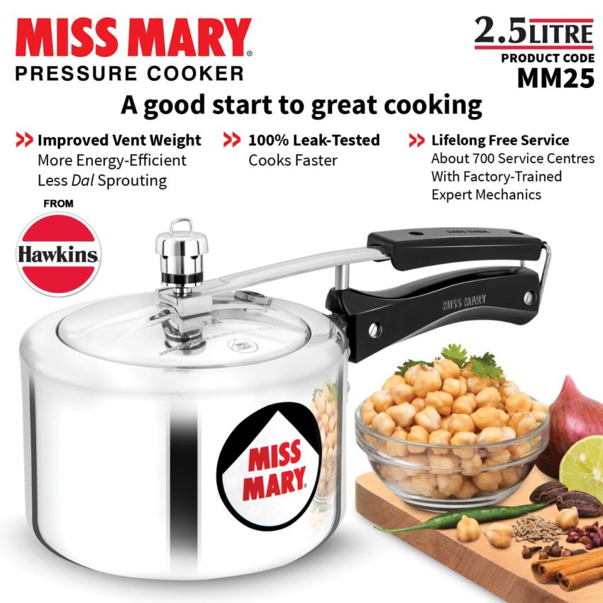 Hawkins 2.5 Litre Miss Mary Pressure Cooker, Inner Lid Cooker, Silver (MM25), Aluminium