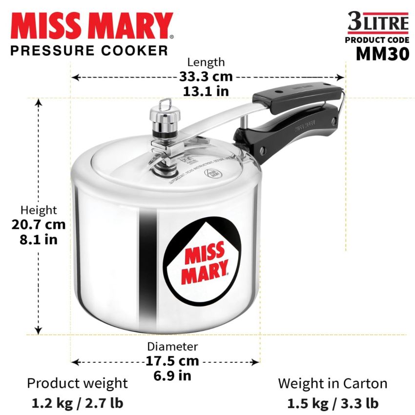 Hawkins Aluminium 3 Litre Miss Mary Pressure Cooker, Inner Lid Cooker, Silver (Mm30)