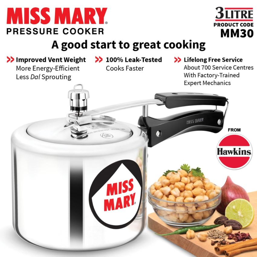 Hawkins Aluminium 3.5 Litre Miss Mary Pressure Cooker, Inner Lid Cooker, Silver (Mm35)