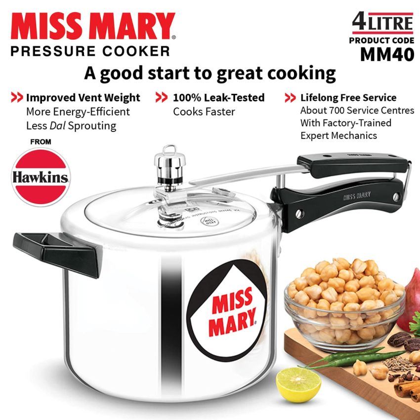 Hawkins Aluminium 4 Litre Miss Mary Pressure Cooker, Inner Lid Cooker, Silver (Mm40)