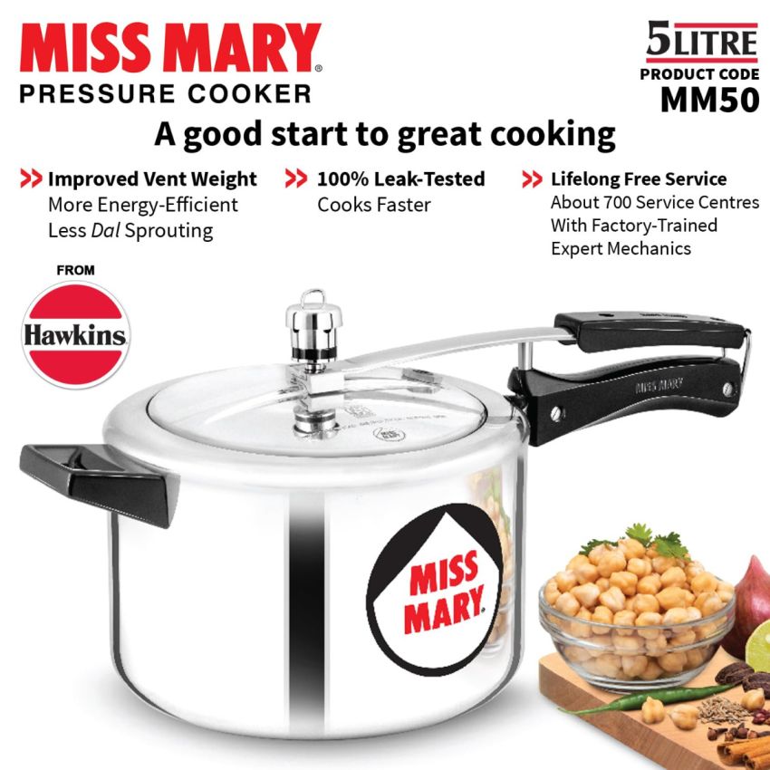 Hawkins 5 Litre Miss Mary Aluminium Pressure Cooker, Inner Lid Cooker, Silver (MM50)