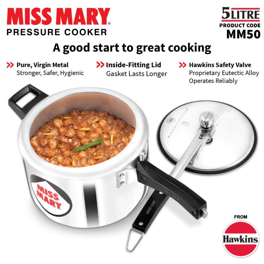 Hawkins 5 Litre Miss Mary Aluminium Pressure Cooker, Inner Lid Cooker, Silver (MM50)