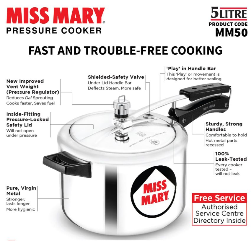 Hawkins 5 Litre Miss Mary Aluminium Pressure Cooker, Inner Lid Cooker, Silver (MM50)
