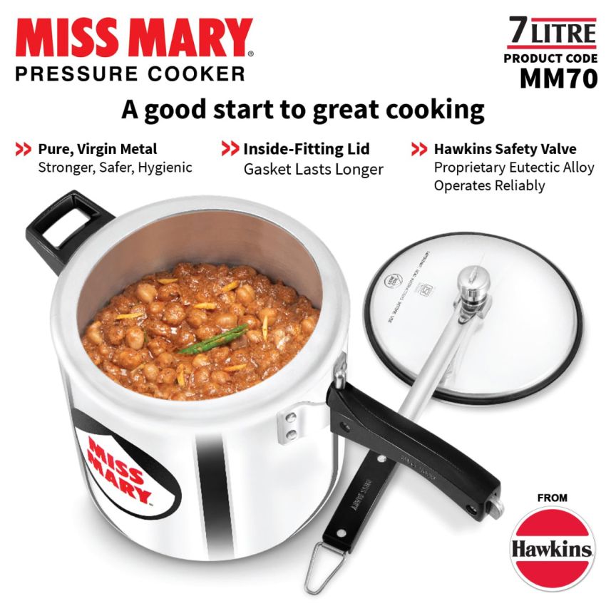 Hawkins Aluminium 7 Litre Miss Mary Pressure Cooker, Inner Lid Cooker, Silver (Mm70)