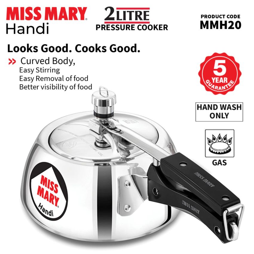 Hawkins 2 Litre Miss Mary Handi Pressure Cooker, Small Inner Lid Cooker, Silver (MMH20),Aluminium