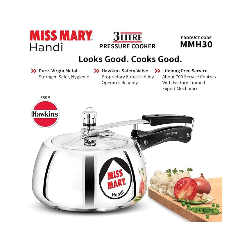 Hawkins 3 Litre Miss Mary Handi Pressure Cooker, Inner Lid Cooker, Silver (MMH30)