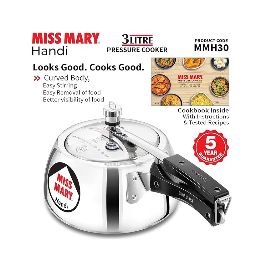 Hawkins 3 Litre Miss Mary Handi Pressure Cooker, Inner Lid Cooker, Silver (MMH30)