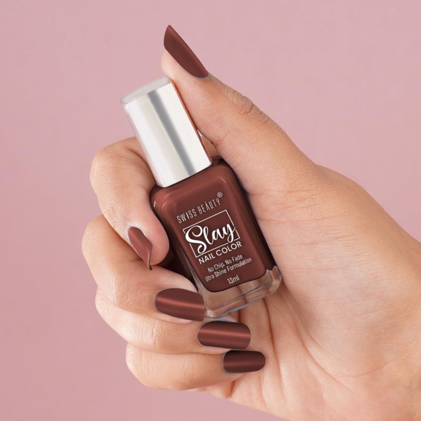 Swiss Beauty Slay Nail Color | Glossy Finish, Long Lasting Nail Paint| Chip resistant, Quick drying Nail Polish | Shade- Mocha Ciao, 13ml