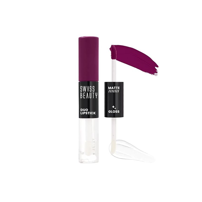 Swiss Beauty Duo Lipstick | Matte smudge-proof Liqud Lipstick + Transparent glossy Lipgloss | Transfer -proof and Long lasting | Shade-Moody Plum, 10ml