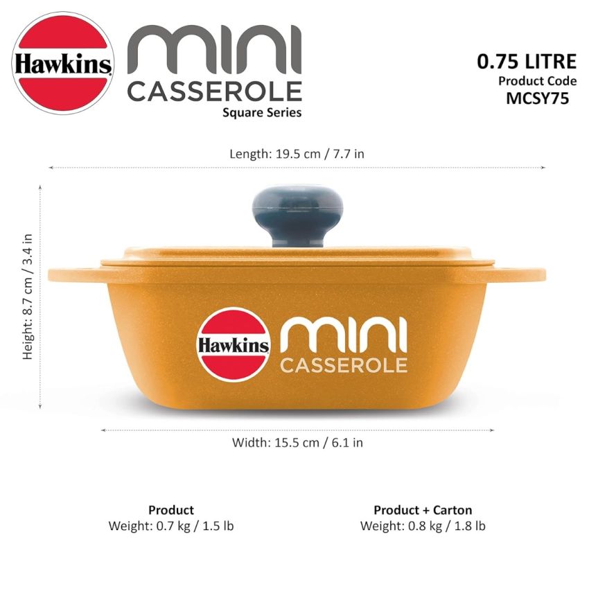 Hawkins Aluminium 0.75 liter Mini Casserole With Lid, Square Series Die-Cast Pan For Cooking, Reheating, Serving And Storing, Yellow (Mcsy75)