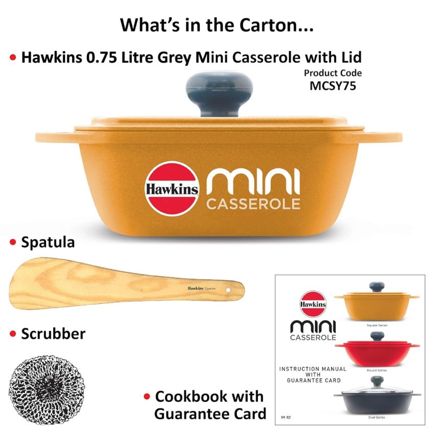 Hawkins Aluminium 0.75 liter Mini Casserole With Lid, Square Series Die-Cast Pan For Cooking, Reheating, Serving And Storing, Yellow (Mcsy75)