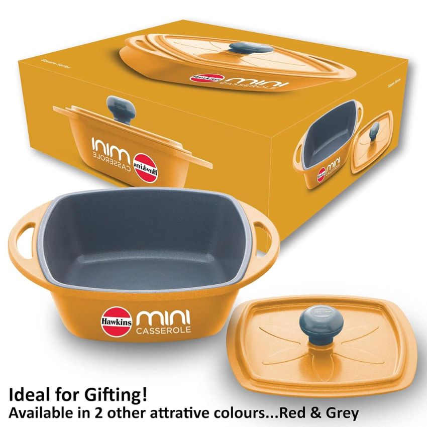 Hawkins Aluminium 0.75 liter Mini Casserole With Lid, Square Series Die-Cast Pan For Cooking, Reheating, Serving And Storing, Yellow (Mcsy75)