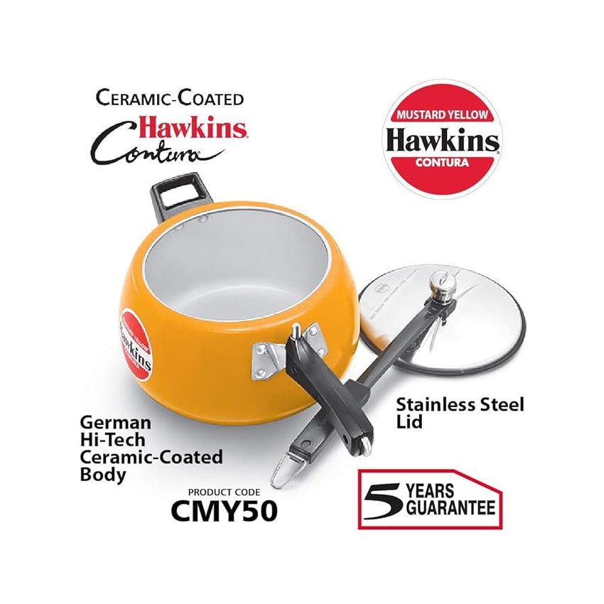 Hawkins Ceramic- Coated Contura 5L Mustard Yellow Aluminium Inner Lid Pressure Cooker