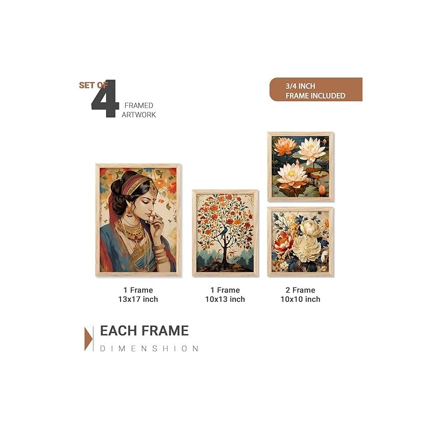 kotart Wall Art Paintings with Frame for Home Decoration - Traditional Framed Painting for Living Room Bedroom Office Decor - Painting for Wall Decoration - Set of 4 Multicolo (A)