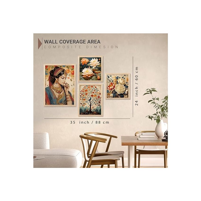 kotart Wall Art Paintings with Frame for Home Decoration - Traditional Framed Painting for Living Room Bedroom Office Decor - Painting for Wall Decoration - Set of 4 Multicolo (A)