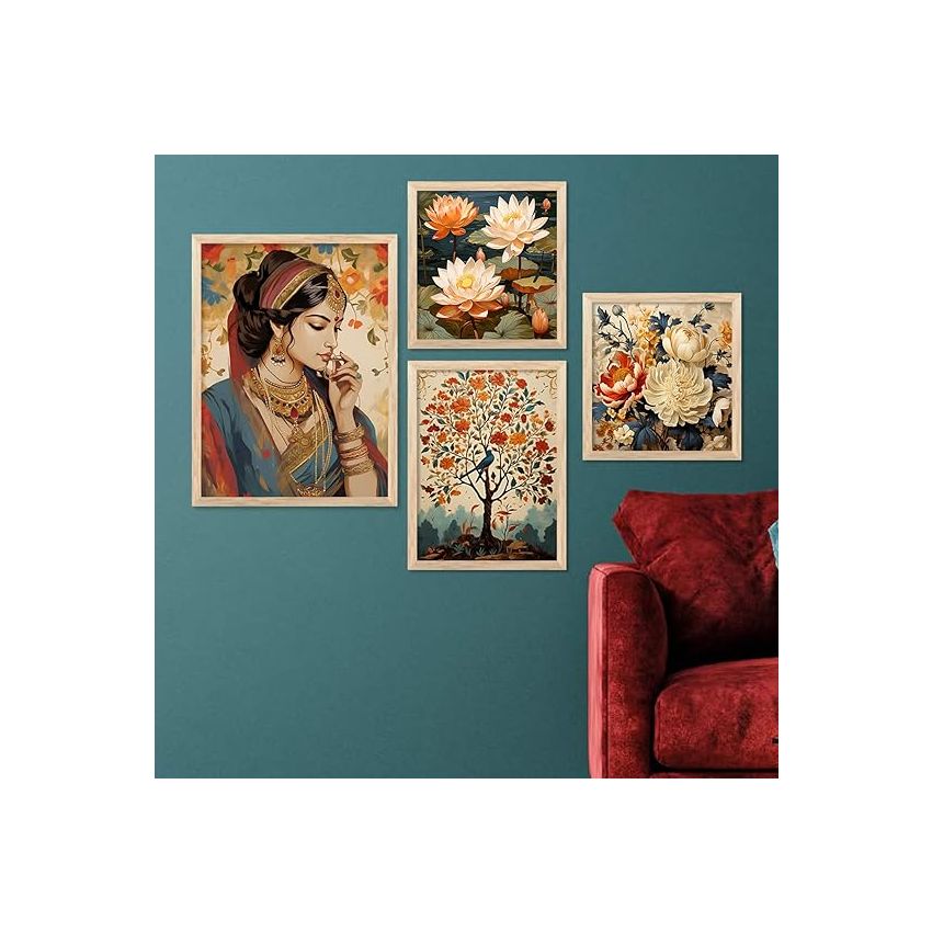 kotart Wall Art Paintings with Frame for Home Decoration - Traditional Framed Painting for Living Room Bedroom Office Decor - Painting for Wall Decoration - Set of 4 Multicolo (A)