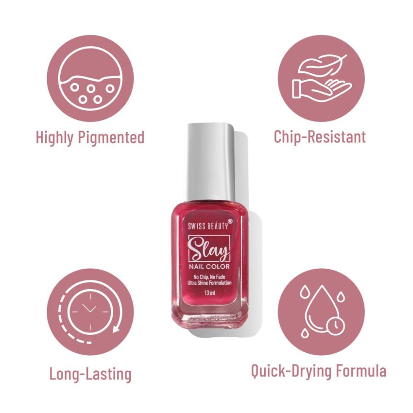 Swiss Beauty Slay Nail Color | Glossy Finish, Long Lasting Nail Paint| Chip resistant, Quick drying Nail Polish | Shade- Mulberry Maroon, 25Ml