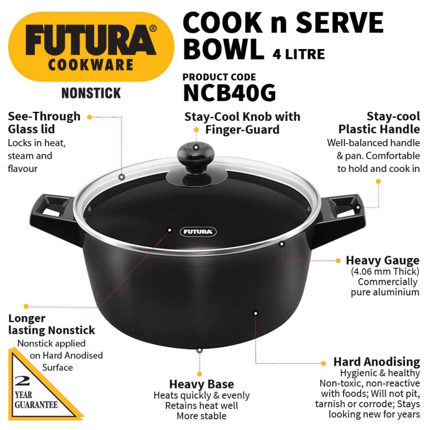 Hawkins Futura 4 Litre Cook N Serve Bowl, Non Stick Saucepan With Glass Lid, Sauce Pan For Cooking And Serving, Black (Ncb40G), 4 Liter