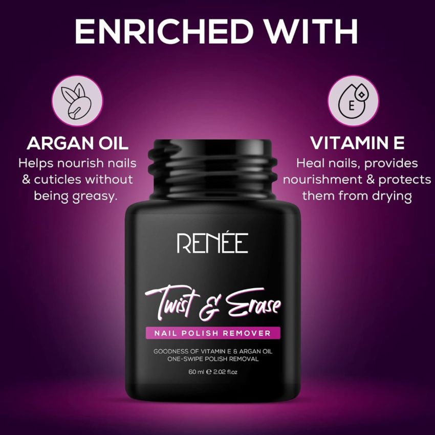 RENEE Twist & Erase Nail Polish Remover 60ml | Nourishes, Moisturises, Protects Nails & Cuticles | Easy-to-use & Carry | Dip, Twist & Erase