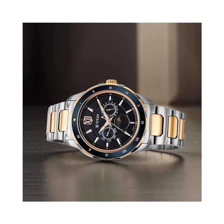 Titan Regalia Premium Blue Dial Quartz Multifunction Stainless Steel Strap Watch for Men-1688KM06/NT1688KM06