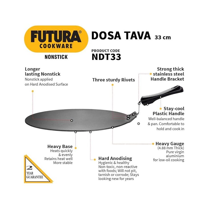 Hawkins Futura Nonstick Dosa Tava, Diameter 33 cm, Thickness 4.88 mm (Black) NDT33
