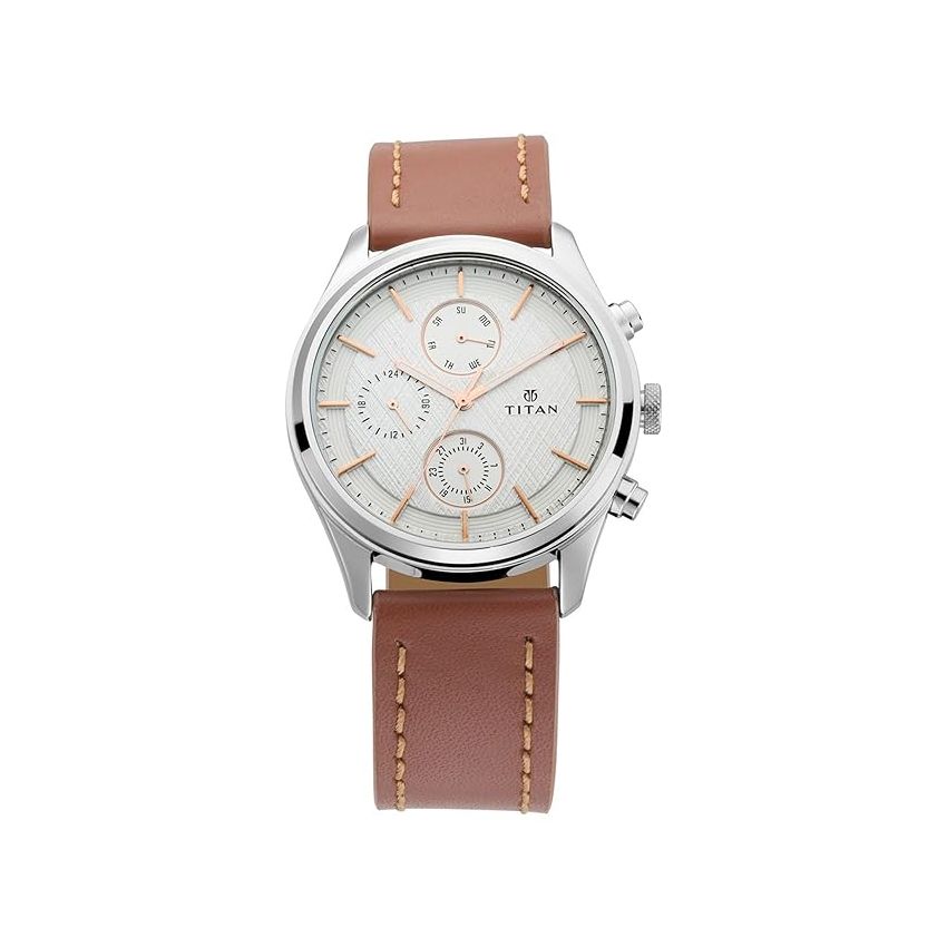 Titan Men's Metropolitan Charm: Men's Multifunctional White Watch with Leather Strap-NS1805SL01/NT1805SL01