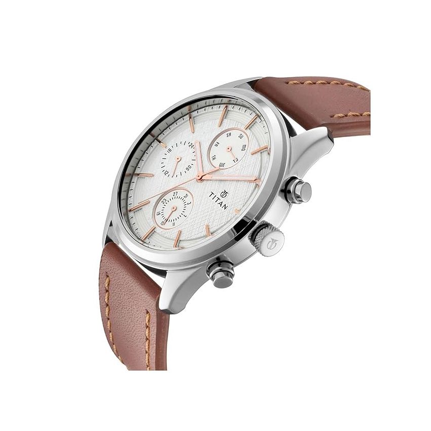 Titan Men's Metropolitan Charm: Men's Multifunctional White Watch with Leather Strap-NS1805SL01/NT1805SL01