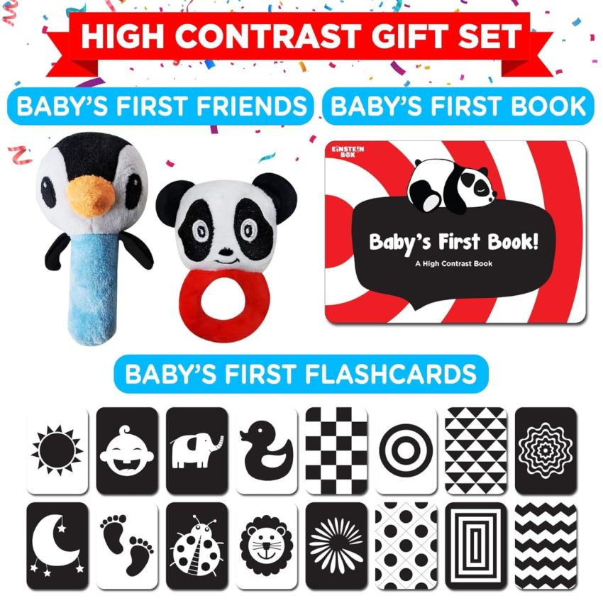 Einstein Box Gift Set for Babies, Newborns and Infants of Age 1-3-6-9-12 Months | High Contrast Flash Cards | Gift Set with Set of Rattles + High Contrast Books + High Contrast Flashcards|