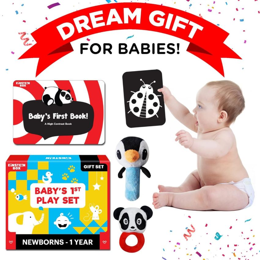 Einstein Box Gift Set for Babies, Newborns and Infants of Age 1-3-6-9-12 Months | High Contrast Flash Cards | Gift Set with Set of Rattles + High Contrast Books + High Contrast Flashcards|