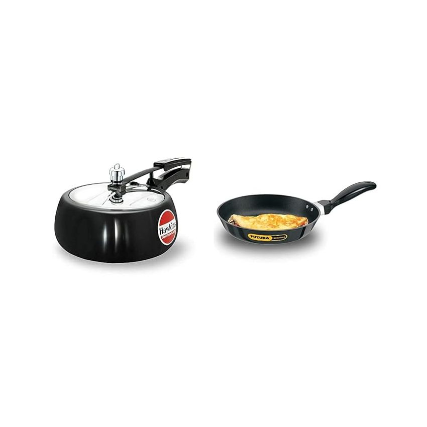 Hawkins Contura Hard Anodised Aluminium Pressure Cooker, 3.5 Litres, Black + Hawkins Futura Nonstick Frying Pan, Capacity 1 Litre, Diameter 22 cm, Thickness 3.25 mm, Black (NF22)