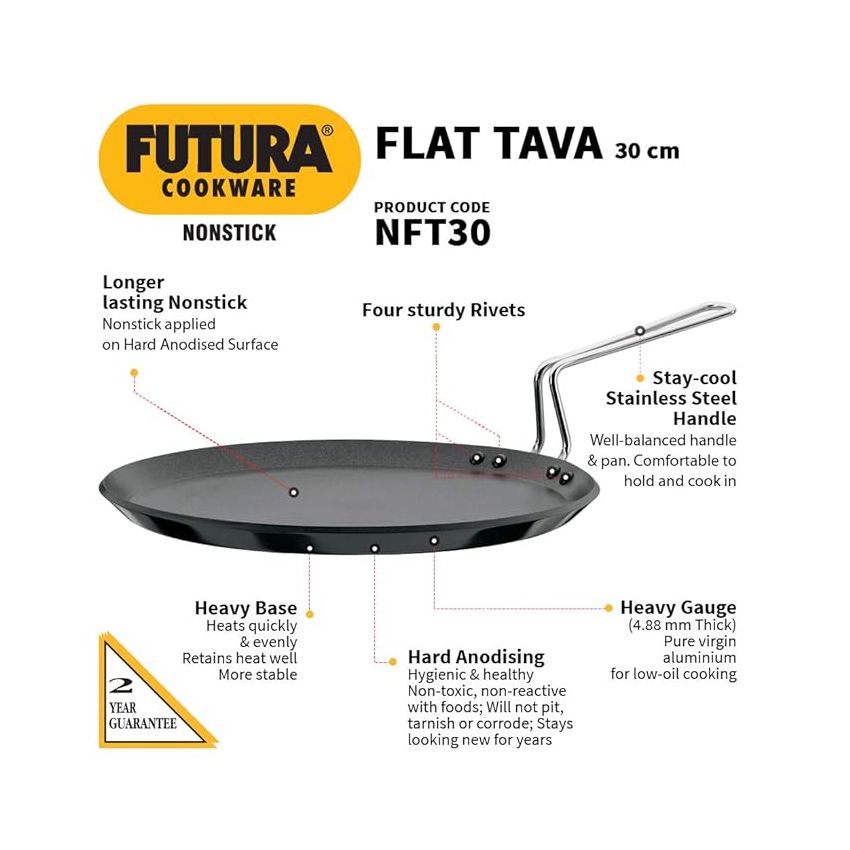 Hawkins Futura 30 cm Flat Tava, Non Stick Tawa with Stainless Steel Handle, Tawa with Rim, Pancake Pan, Flat Pan, Black (NFT30)