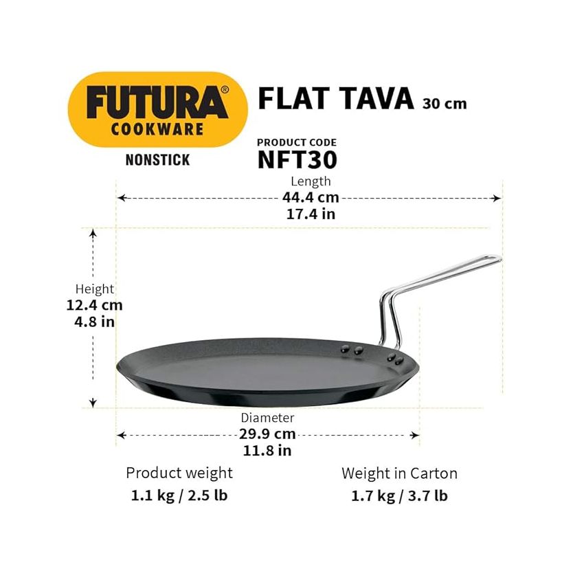 Hawkins Futura 30 cm Flat Tava, Non Stick Tawa with Plastic Handle, Tawa with Rim, Pancake Pan, Flat Pan, Black (NFT30P)