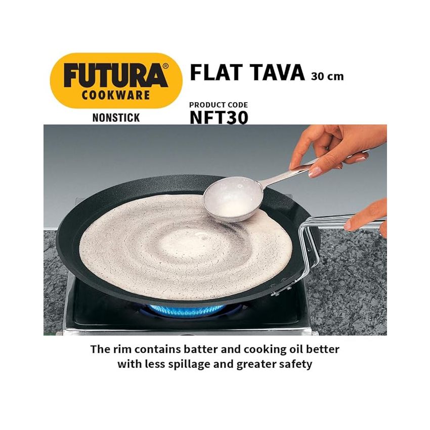 Hawkins Futura 30 cm Flat Tava, Non Stick Tawa with Plastic Handle, Tawa with Rim, Pancake Pan, Flat Pan, Black (NFT30P)