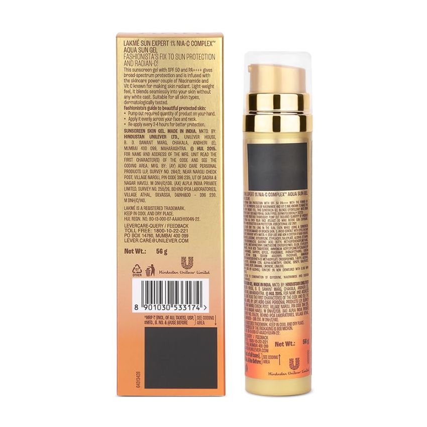 Lakme Sun Expert 1% Nia C Gel Sunscreen SPF 50 PA++++ for UVA/B, No white cast, for Hydration 56G