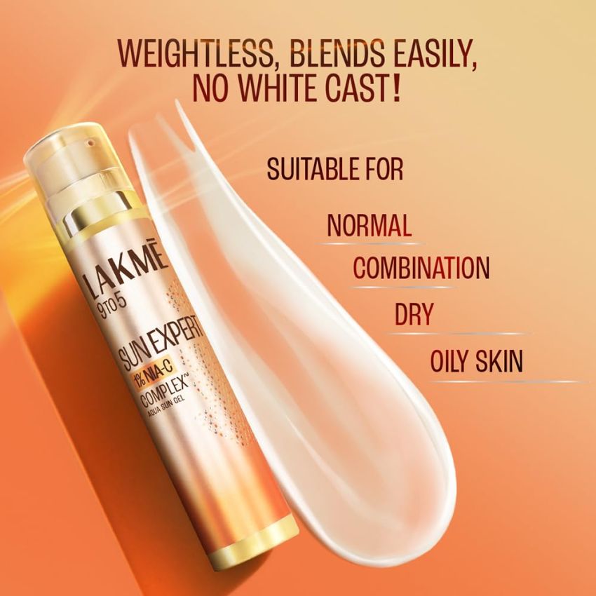 Lakme Sun Expert 1% Nia C Gel Sunscreen SPF 50 PA++++ for UVA/B, No white cast, for Hydration 56G