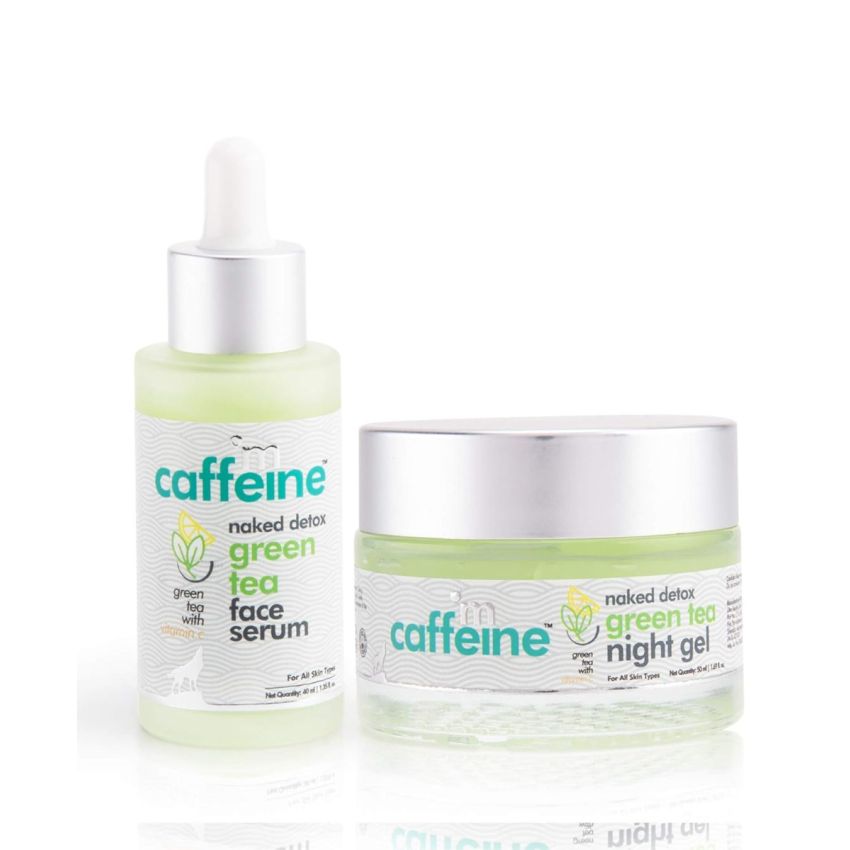 mCaffeine Green Tea Night Hydration Routine with Face Serum & Night Gel | Enriched with Vitamin C | Soothing & Calming Aroma | Pack of 2