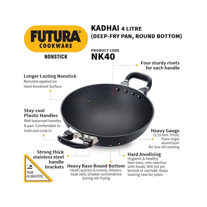 Hawkins Futura 4 Litre Deep Fry Pan, Non Stick Kadai, Round Bottom Kadhai, Big Non Stick Kadai, Black (NK40)