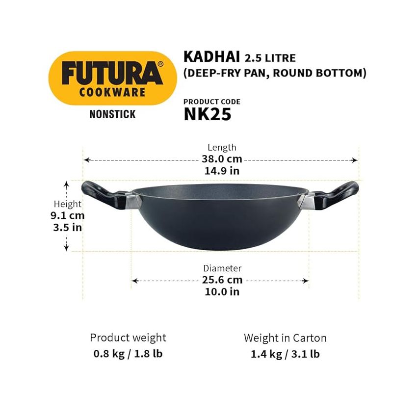 Hawkins Futura 2.5 Litre Deep Fry Pan, Non Stick Kadai, Round Bottom Kadhai, Black (NK25)