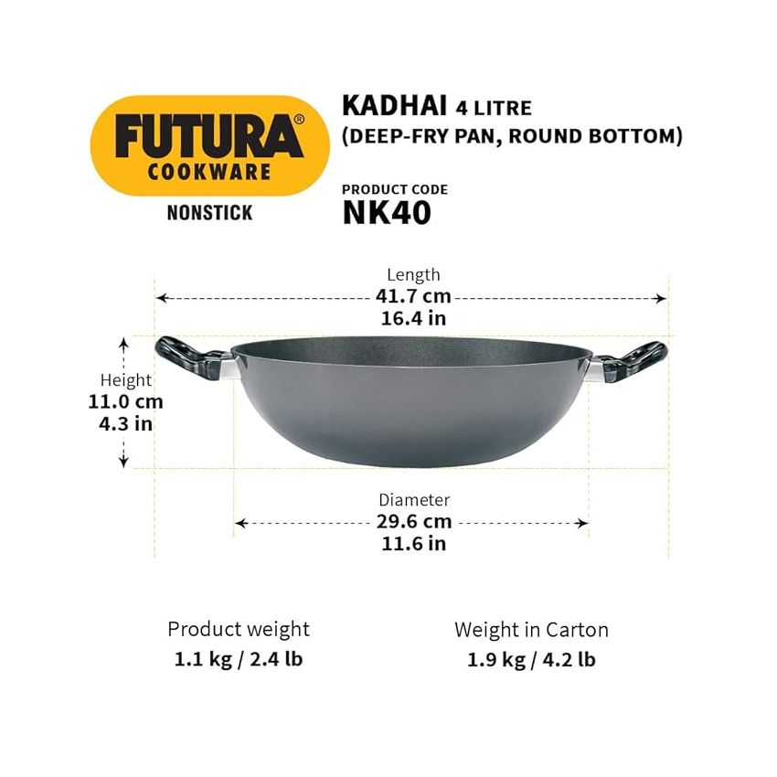 Hawkins Futura 4 Litre Deep Fry Pan, Non Stick Kadai, Round Bottom Kadhai, Big Non Stick Kadai, Black (NK40)