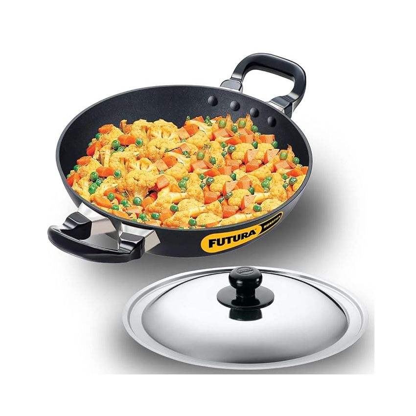 Hawkins Futura 1.5 Litre Deep Fry Pan, Non Stick Kadai with Stainless Steel Lid, Round Bottom Kadhai, Small Non Stick Kadai, Black (NK15S)