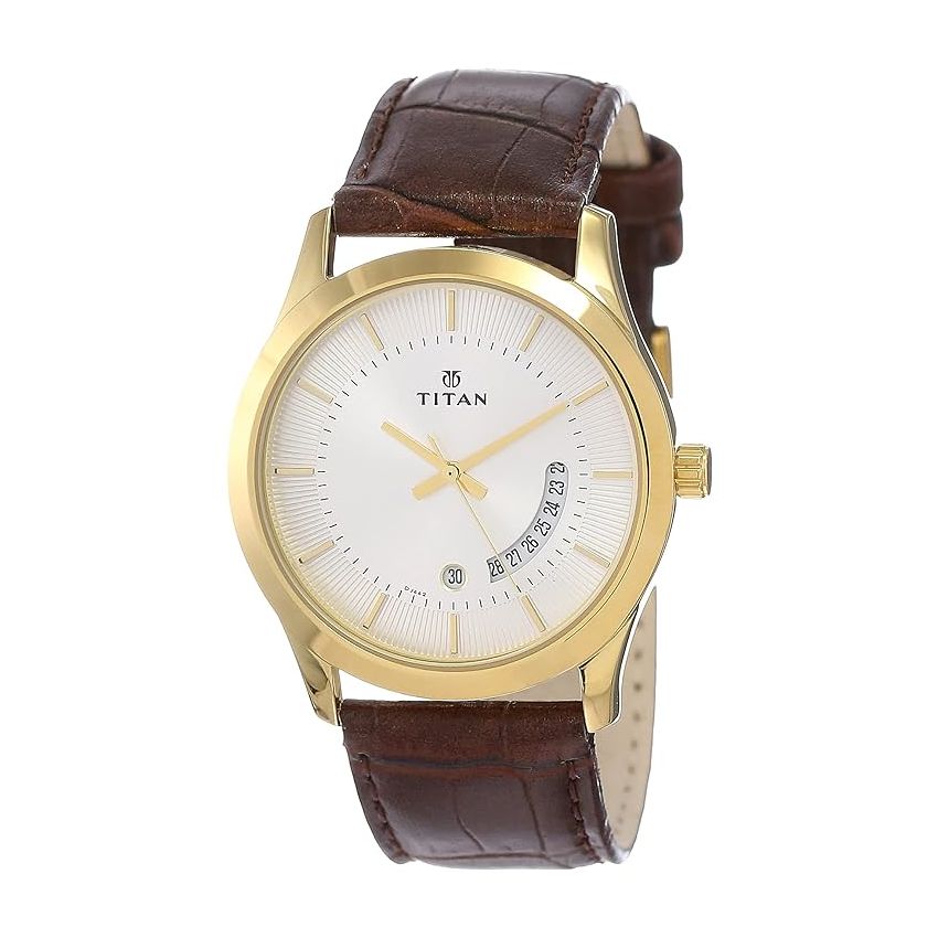 Titan Quartz Analog with Date Silver Dial Leather Strap Watch for Men-NS1823YL01/NT1823YL01