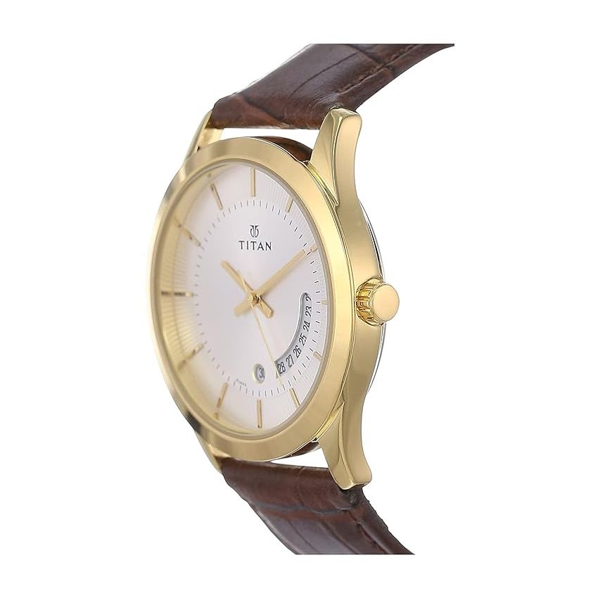 Titan Quartz Analog with Date Silver Dial Leather Strap Watch for Men-NS1823YL01/NT1823YL01