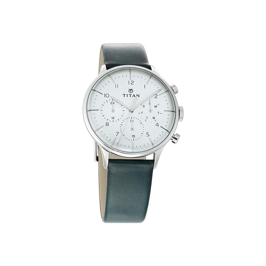 Titan Quartz Multifunction White Dial Leather Strap Watch for Men-NS90102SL03/NT90102SL03