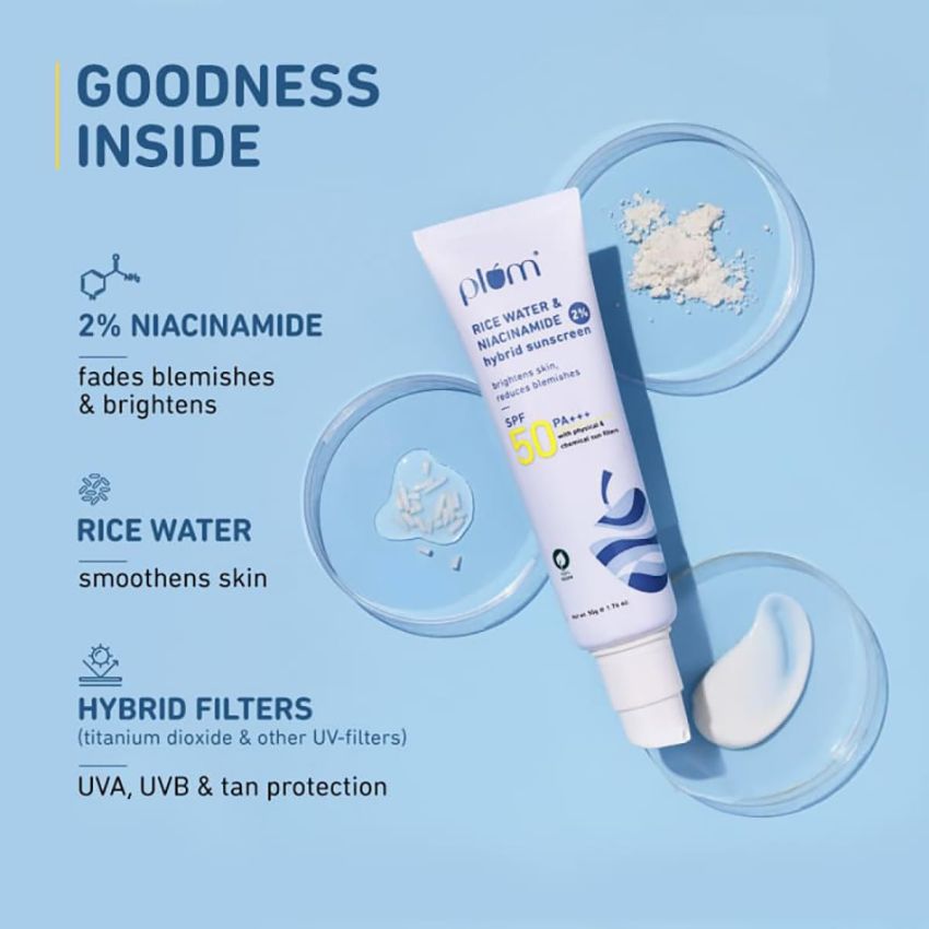 Plum 2% Niacinamide & Rice Water Sunscreen SPF 50 PA+++ | for Oily, Dry & Combination Skin | UVA/UVB Protection | Reduces Tan & Brightens Skin | No White Cast & Non-Sticky | for Women & Men | 50g