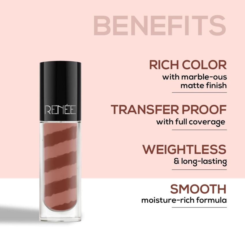 RENEE Marble Liquid Lipstick - LM03 Nora 4.5ml, Rich Color Payoff & Matte Finish| Weightless, Unique Long Lasting Formula, Transfer & Smudge Proof| Enriched with Vitamin E & Jojoba Oil