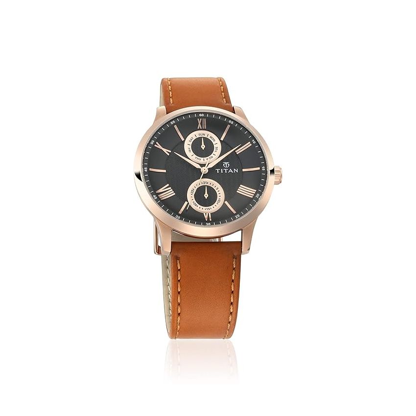 Titan Quartz Multifunction Black Dial Leather Strap Watch for Men-NQ90100WL02