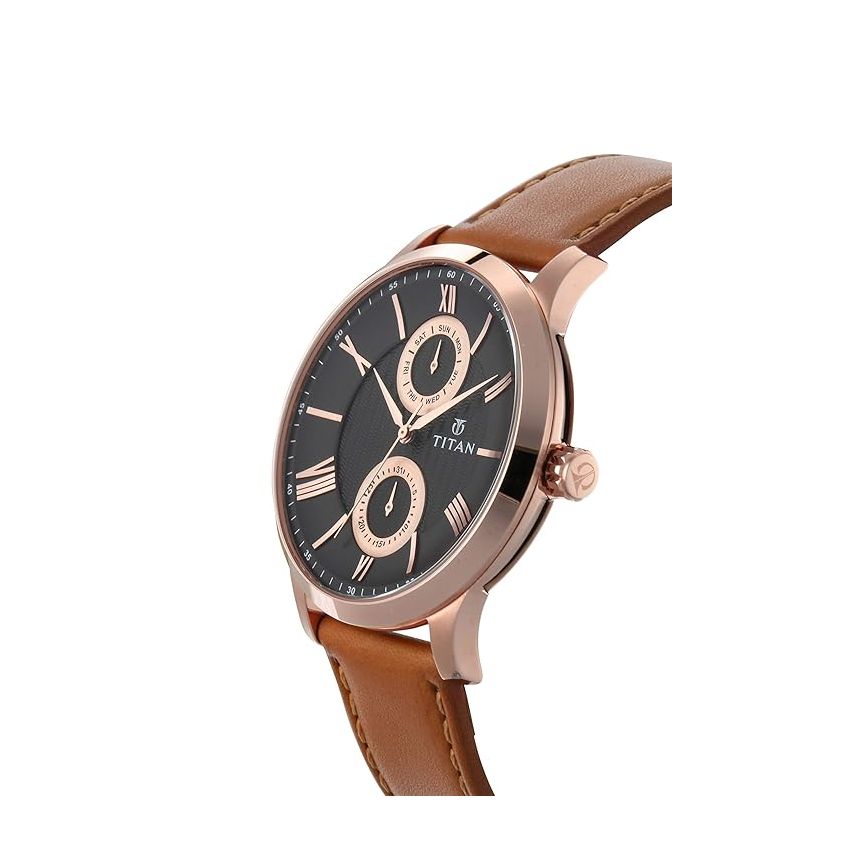 Titan Quartz Multifunction Black Dial Leather Strap Watch for Men-NQ90100WL02