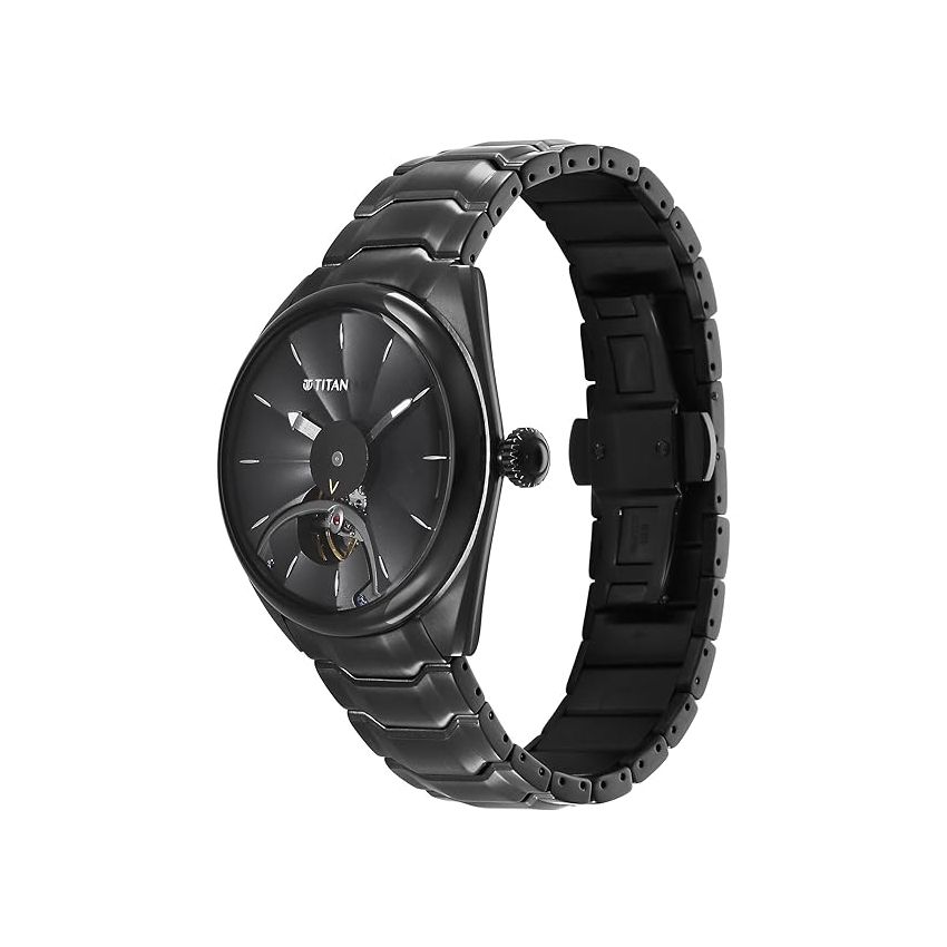 Titan Regalia Stellar Automatic Black Dial Stainless Steel Strap Watch for Men-NS10011NM01/NT10011NM01