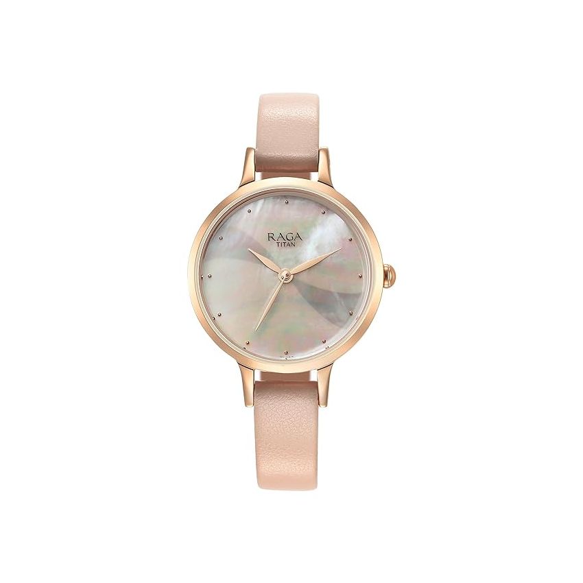 Titan Raga Power Pearls Quartz Analog Mother of Pearl Dial Leather Strap Watch for Women-NS2666WL04